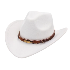 Detail of white felt cowboy hat with brown leather band and golden feather ornament