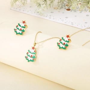 Parure de bijoux sapin de Noël avec collier et boucles d'oreilles émaillés dorés