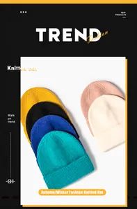Detail view of winter knitted beanies in six colors showing soft texture and ribbed cuffs