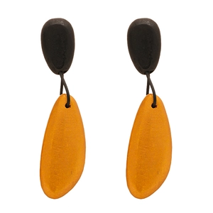 Vintage oval drop earrings with black and yellow wood-style contrast stitching