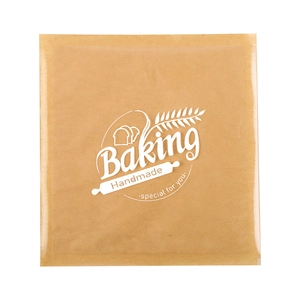 Brown oil-proof paper toast bag with clear window and white baking prints on white background