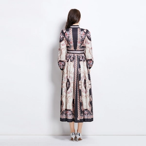Elegant retro court style maxi dress with stand collar and vintage floral patterns