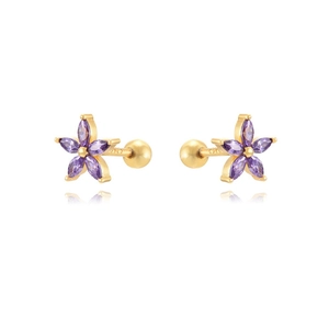 24K gold plated flower stud earrings with purple marquise zircons and S925 silver posts