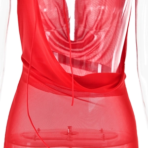 Detailed back view of a sheer red cowl neck backless dress with draped silhouette
