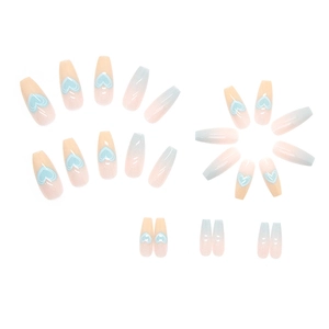 Long coffin gradient press-on nails with 3D heart charms and pink blue design