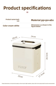 Detail view of cream-white hanging trash bin with PP+PS+ABS material and 28.5cm height