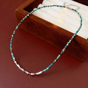 Vintage beaded necklace with turquoise stones and silver-toned cubes for women