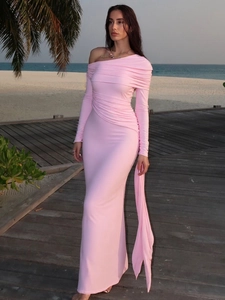 Elegant pink one-shoulder long-sleeved evening gown featuring a side slit for women