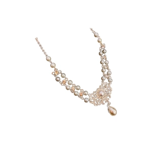 Double strand gold necklace with faux pearls and teardrop pendant on white background