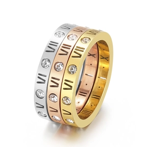 Bagues en acier titane 18k or rose avec chiffres romains et cristaux lot de trois