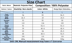 Detailed size chart for white embroidered street fashion jacket with woven polyester fabric