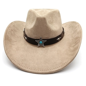Detailed view of beige suede cowboy hat with star-studded leather band and turquoise badge