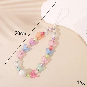 Cordon de téléphone en perles avec papillons en résine et perles, 20cm long, poids 16g