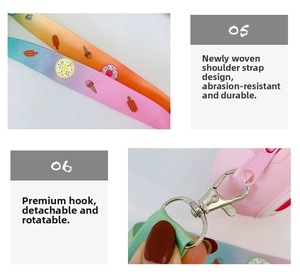 Detail of durable woven shoulder strap with cute patterns and rotating metal hooks