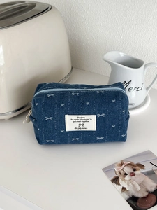 Denim Makeup Bag Bow Print Cosmetic Storage Pouch Travel Toiletry Case Heart Zipper Organizer For Women