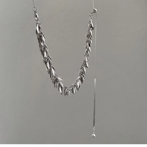 Minimalist silver wheat spike sequin tassel necklace with adjustable slider chain link