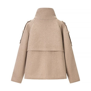 Back view of camel wool blend short jacket with stand collar and epaulets for women