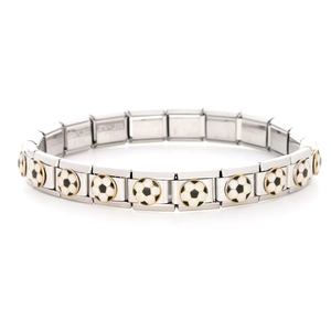 Detail of silver stretch bracelet with black and white soccer charms in gold frames