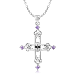 Collana a croce in argento S925 gotica con teschio e pietre preziose viola