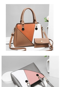Detail of color-block tote bag set with detachable strap and metal circle pendant