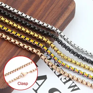 Stainless steel box chains in five colors with lobster clasps shown from a top view