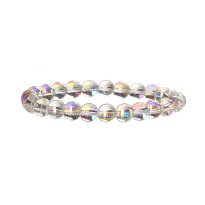 8mm natural clear crystal bead elastic bracelet with holographic AB rainbow finish