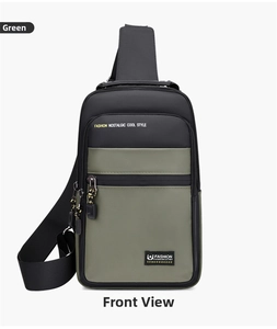 Front detail of green oxford cloth waist bag showing zipper compartments and adjustable strap