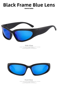 Detail view of steampunk sports sunglasses with black frame and blue mirrored lenses