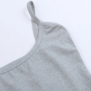 Close-up detail of grey knitted one-shoulder strap stitching and fabric texture