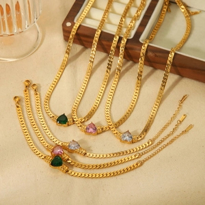 Heart Zircon Necklace And Bracelet Titanium Steel 18K Gold Plated Claw Setting Snake Chain Jewelry For Women