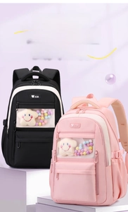 Detail of school backpack with transparent PVC window for decorative plush stars