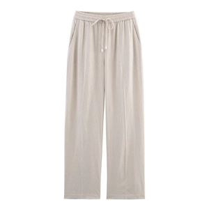 Minimalist beige linen blend wide leg casual trousers with drawstring elastic waistband