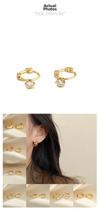 Collection of golden hoop earrings featuring sparkling round zircons and floral star designs