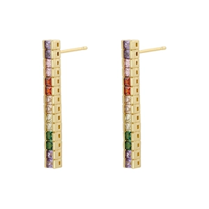 Macro detail of 18K gold plated drop earrings with multi-color rainbow square cut gemstones