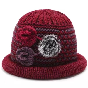 Women Thick Winter Knit Cloche Hat Fleece Lined Warm Outdoor Retro Striped With Flower And Faux Fur Pompom
