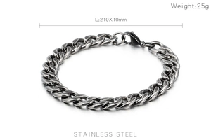 Detail shot of vintage silver stainless steel Cuban link bracelet with size dimensions