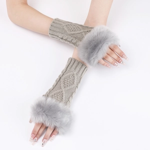 Detailed knit texture and plush gray faux fur trim on light taupe fingerless gloves