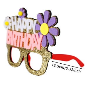 Glitter gold Happy Birthday glasses for kids party with pink letters and white flowers