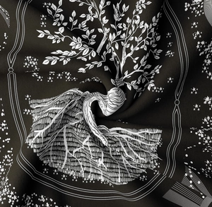 Close-up of tree of life tapestry showing soft fabric texture and white screen printing