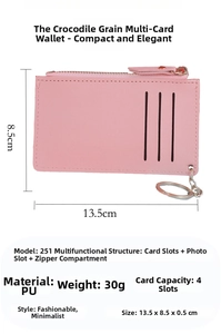 Pink PU leather card holder with zipper pocket, key ring and 13.5x8.5x0.5cm dimensions