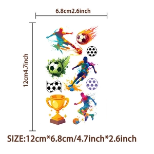 Cartoon soccer temporary tattoo stickers with player silhouettes and trophies, 12x6.8cm size