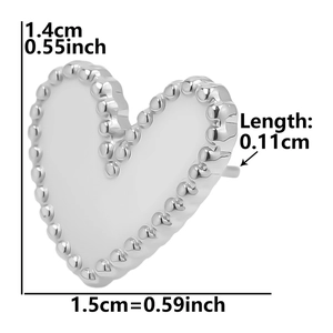 Detail view of heart-shaped stainless steel stud earring with beaded edge and dimensions