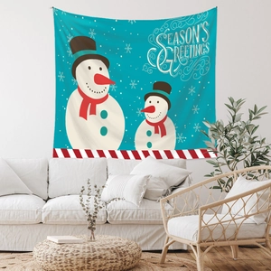 Green Christmas tapestry featuring snowmen and Season's Greetings text for wall decor