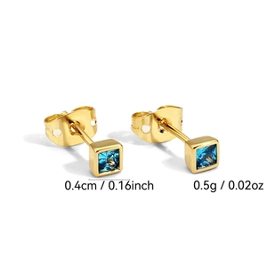 Minimalist square zircon stud earrings in gold with blue stones and 0.4cm size specs