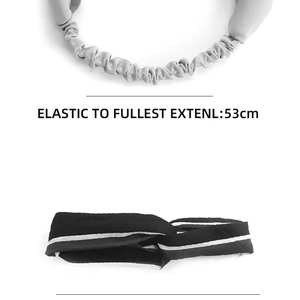 Detail of black and white striped headband showing its 53cm maximum elastic stretch