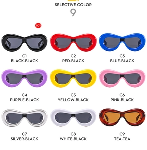 Grid view of Y2K oval thick frame sunglasses in nine trendy candy colors with tinted lenses