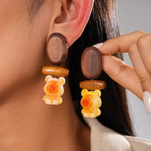 Bear Dangle Earrings With Wood And Resin Geometric Oval Shape Retro Bohemian Style For Women Silver Earring Post