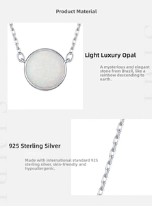 Macro detail of S925 sterling silver necklace featuring a round iridescent faux opal pendant