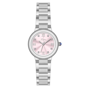 Montre pour femme en acier inoxydable argenté avec petit cadran rose et cristaux