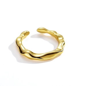 Irregular textured wavy S925 sterling silver open ring in golden finish for women